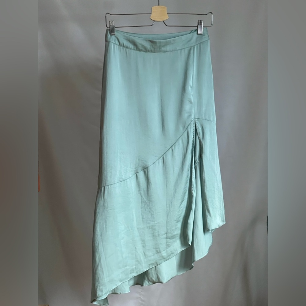 Free People aqua blue mint midi skirt with asymmetrical hemline and thigh slit